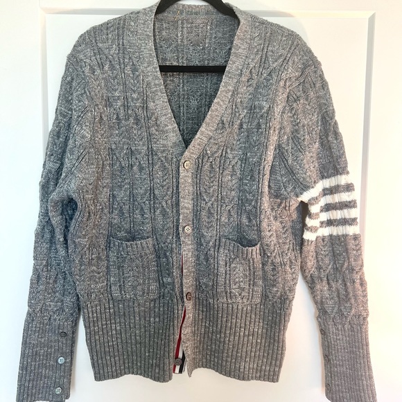 THOM BROWNE Gray 4-Bar Aran Cardigan - Picture 2 of 14